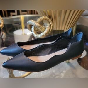 Loeffler Randall Mills Scalloped Black Leather Flats Size 7 NWOB